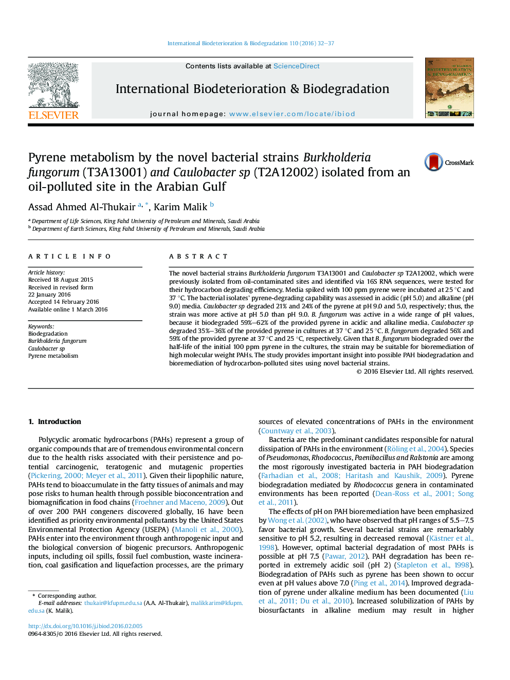 Pyrene metabolism by the novel bacterial strains Burkholderia fungorum (T3A13001) and Caulobacter sp (T2A12002) isolated from an oil-polluted site in the Arabian Gulf