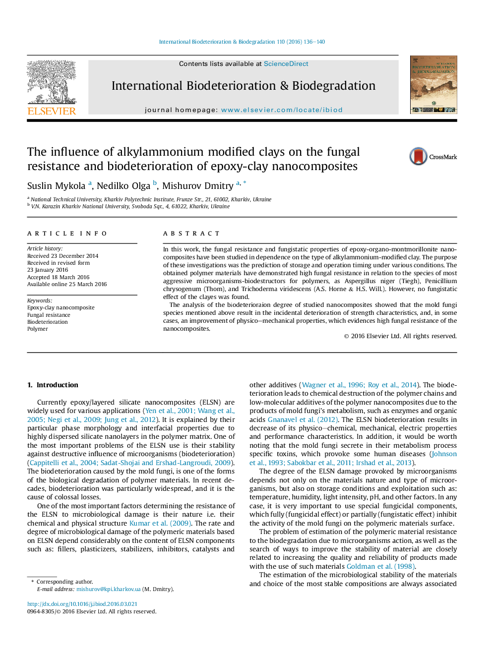 تاثیر خاک رس اصلاح شده alkylammonium بر مقاومت به قارچ و biodeterioration نانوکامپوزیت اپوکسی و خاک رس