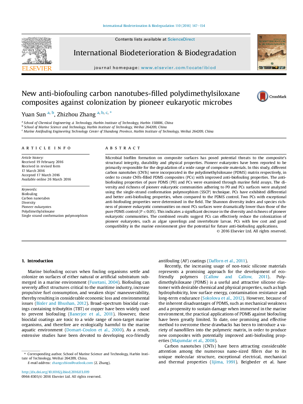 New anti-biofouling carbon nanotubes-filled polydimethylsiloxane composites against colonization by pioneer eukaryotic microbes