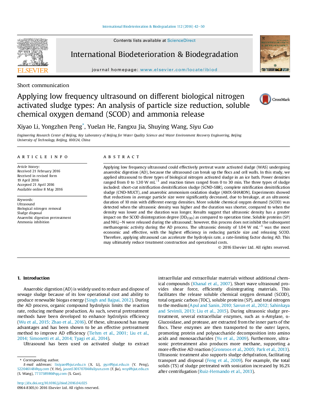 Applying low frequency ultrasound on different biological nitrogen activated sludge types: An analysis of particle size reduction, soluble chemical oxygen demand (SCOD) and ammonia release