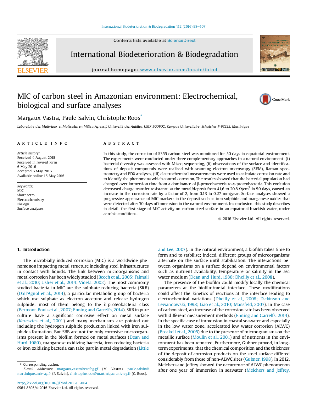 MIC of carbon steel in Amazonian environment: Electrochemical, biological and surface analyses