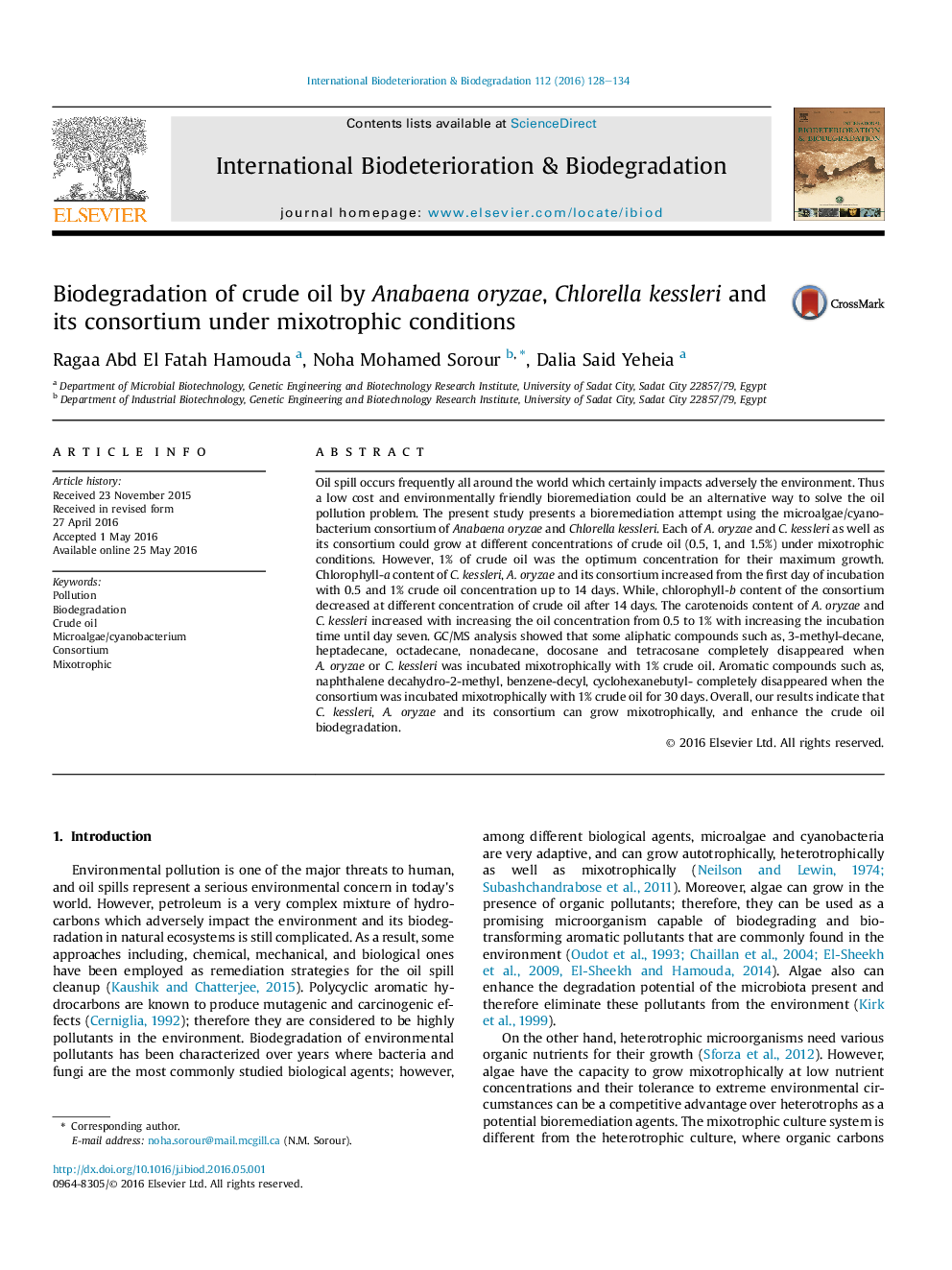 Biodegradation of crude oil by Anabaena oryzae, Chlorella kessleri and its consortium under mixotrophic conditions