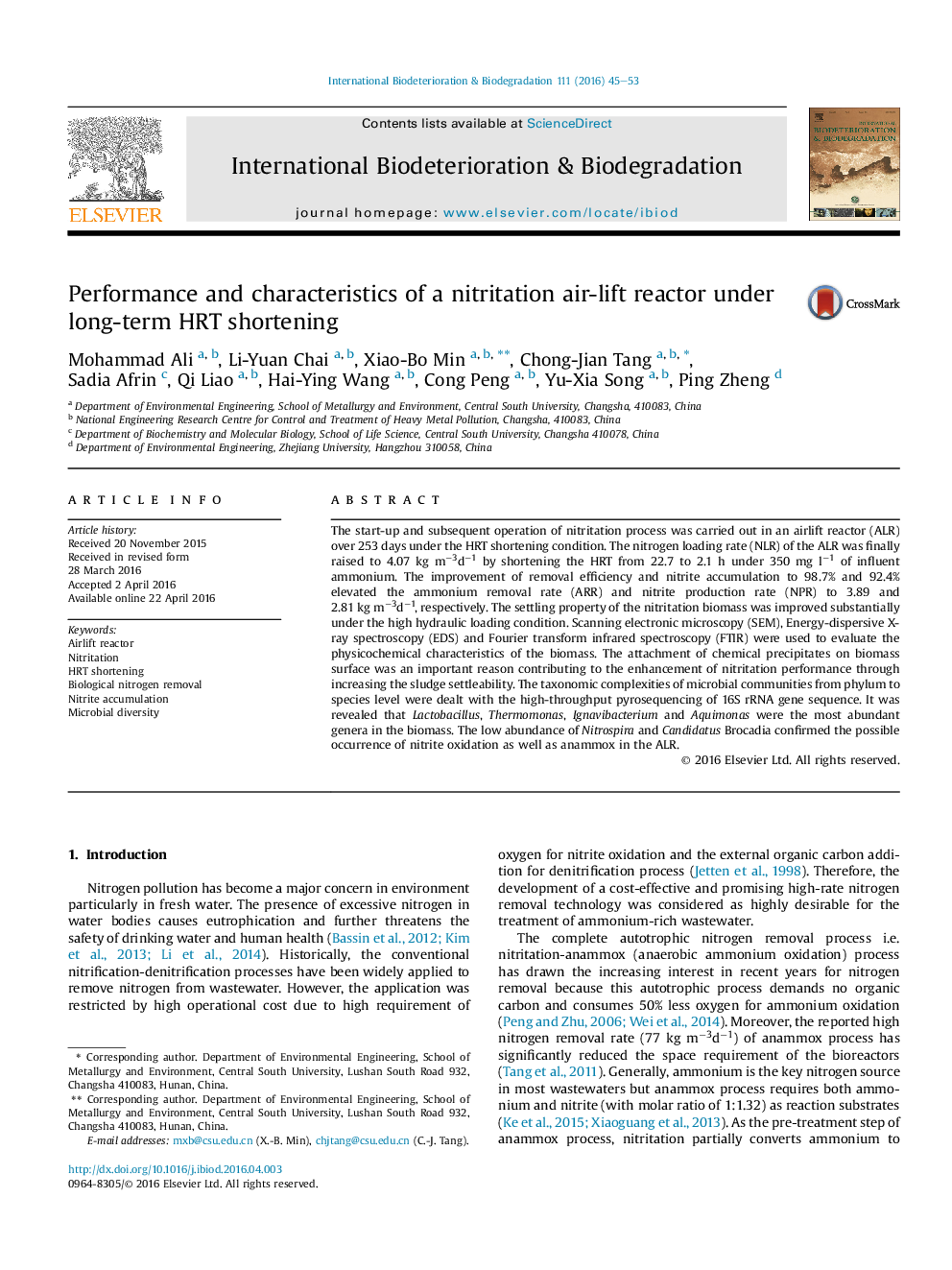 عکس صفحه اول مقاله: Performance and characteristics of a nitritation air-lift reactor under long-term HRT shortening Performance and characteristics of a nitritation air-lift reactor under long-term HRT shortening
