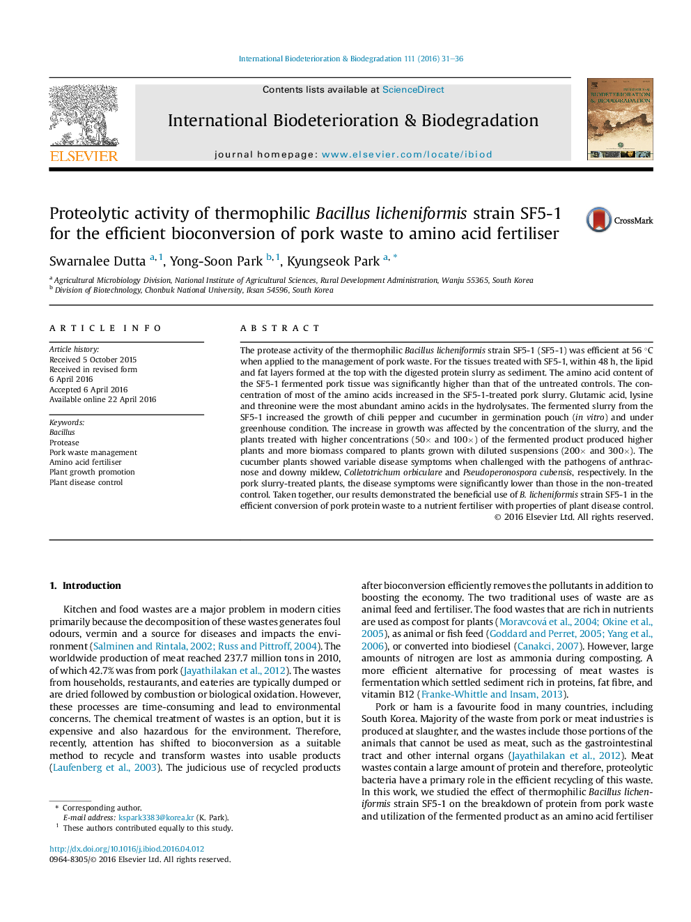 Proteolytic activity of thermophilic Bacillus licheniformis strain SF5-1 for the efficient bioconversion of pork waste to amino acid fertiliser