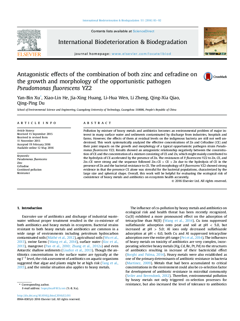 Antagonistic effects of the combination of both zinc and cefradine on the growth and morphology of the opportunistic pathogen Pseudomonas fluorescens YZ2