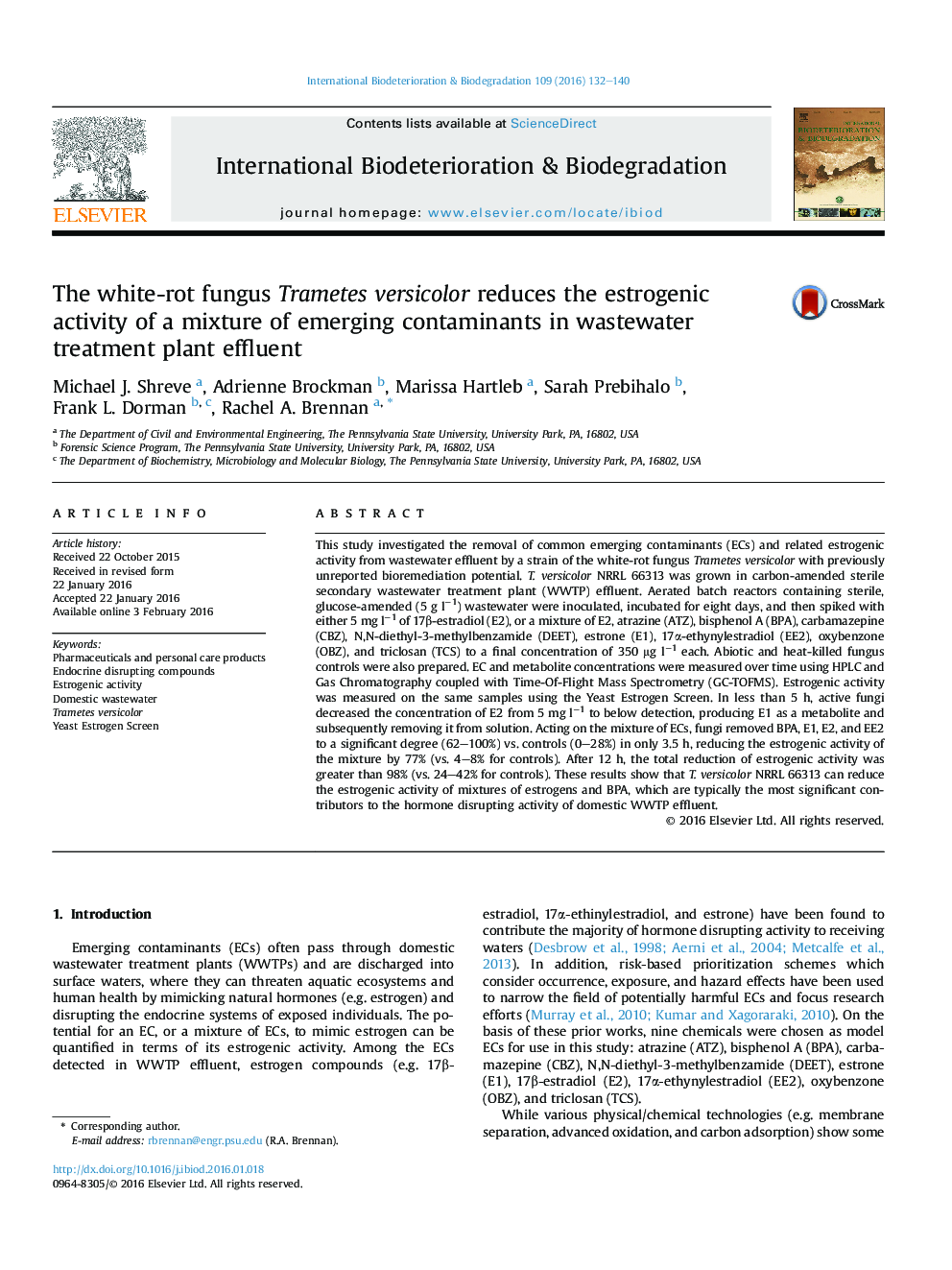 The white-rot fungus Trametes versicolor reduces the estrogenic activity of a mixture of emerging contaminants in wastewater treatment plant effluent