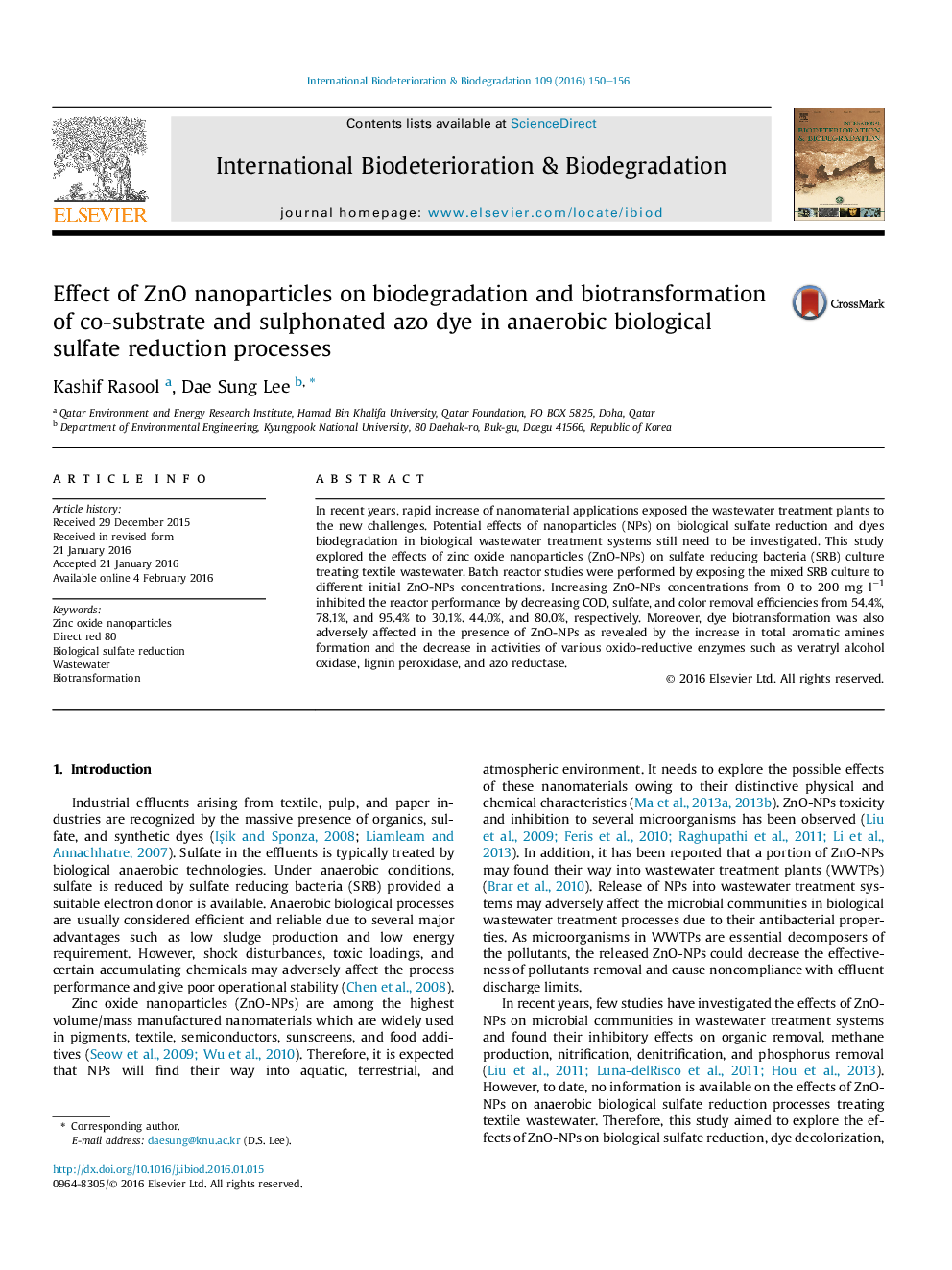 Effect of ZnO nanoparticles on biodegradation and biotransformation of co-substrate and sulphonated azo dye in anaerobic biological sulfate reduction processes