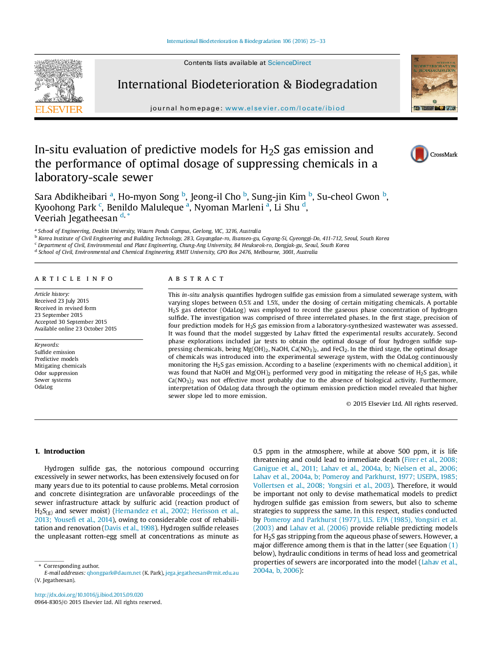 In-situ evaluation of predictive models for H2S gas emission and the performance of optimal dosage of suppressing chemicals in a laboratory-scale sewer