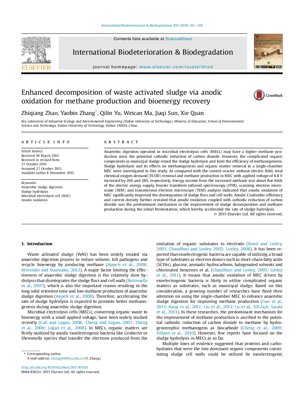 Enhanced decomposition of waste activated sludge via anodic oxidation for methane production and bioenergy recovery