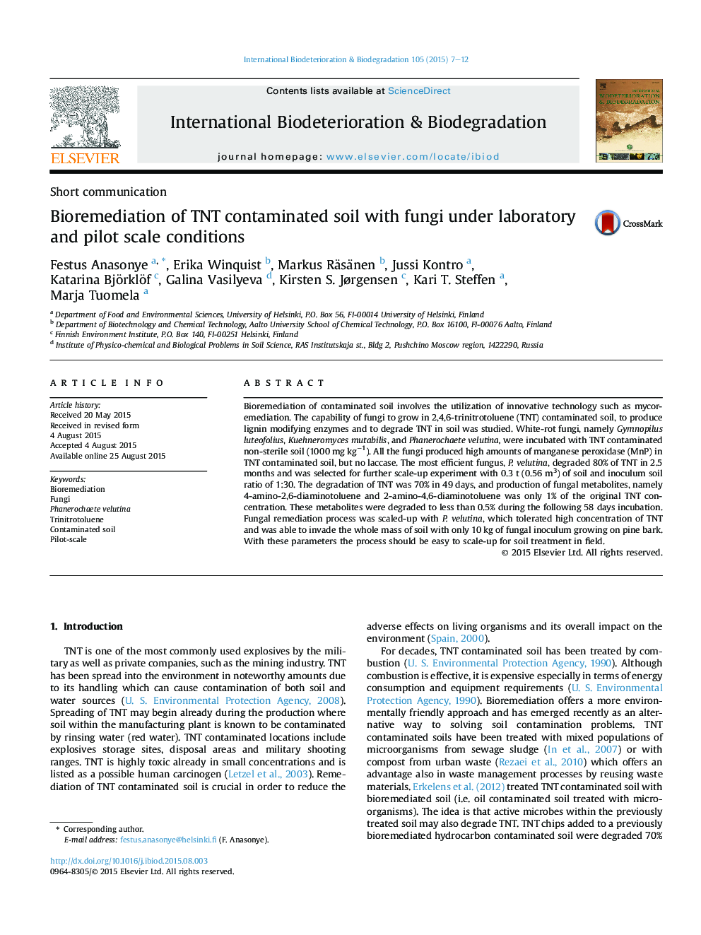 Bioremediation of TNT contaminated soil with fungi under laboratory and pilot scale conditions