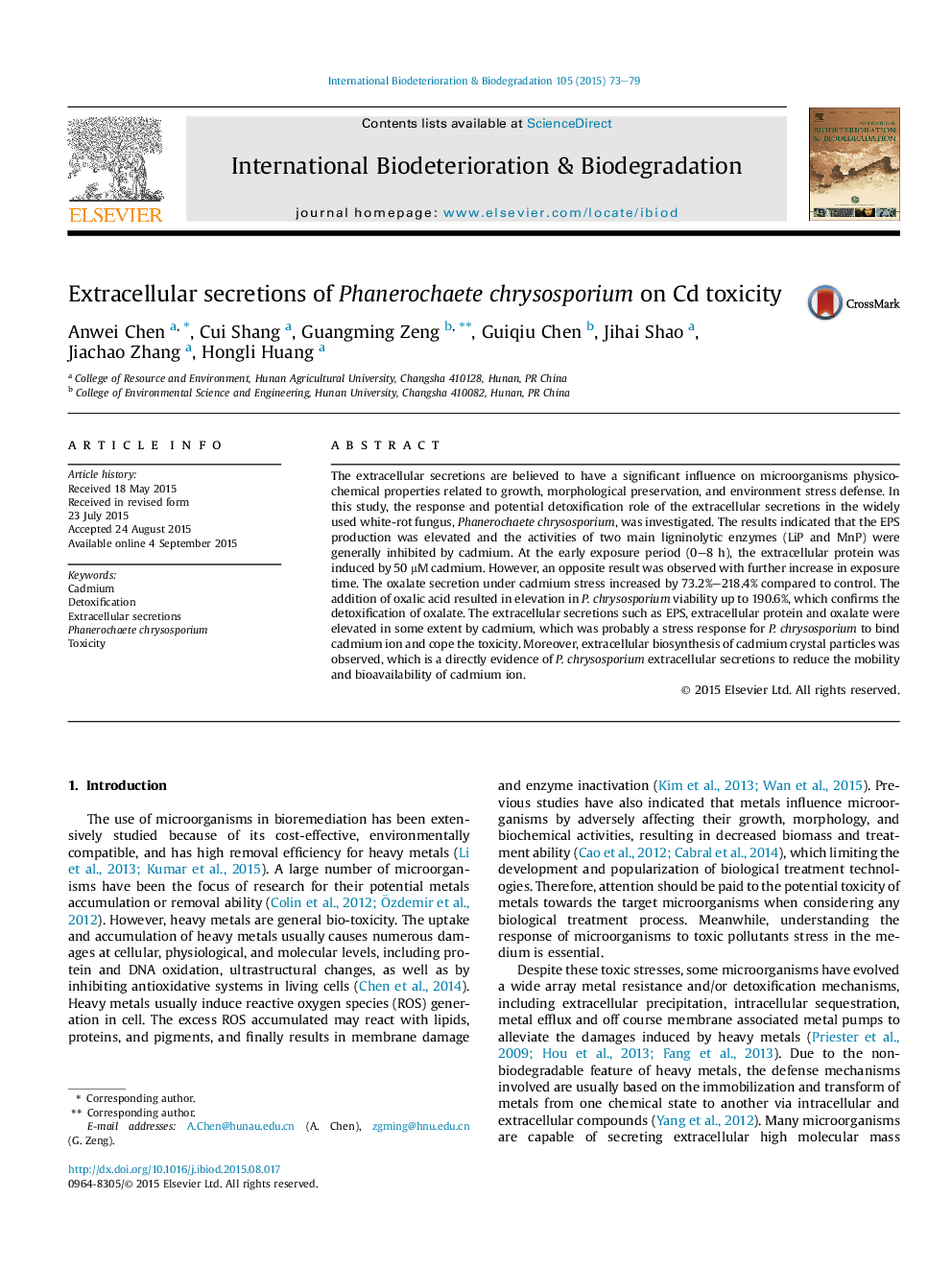 Extracellular secretions of Phanerochaete chrysosporium on Cd toxicity