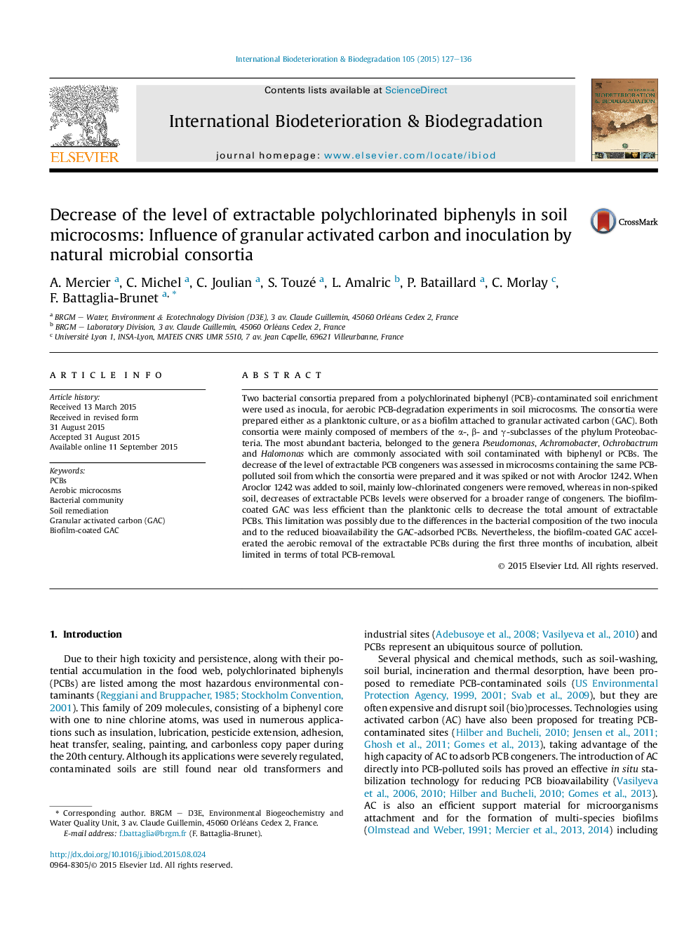 کاهش سطح بیفنیل های پلی کلراید قابل استخراج در میکروکوزیس های خاک: تأثیر کربن فعال دانه ای و تلقیح توسط کنسرسیوم های میکروبی طبیعی 