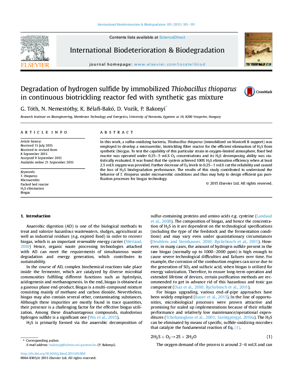 Degradation of hydrogen sulfide by immobilized Thiobacillus thioparus in continuous biotrickling reactor fed with synthetic gas mixture