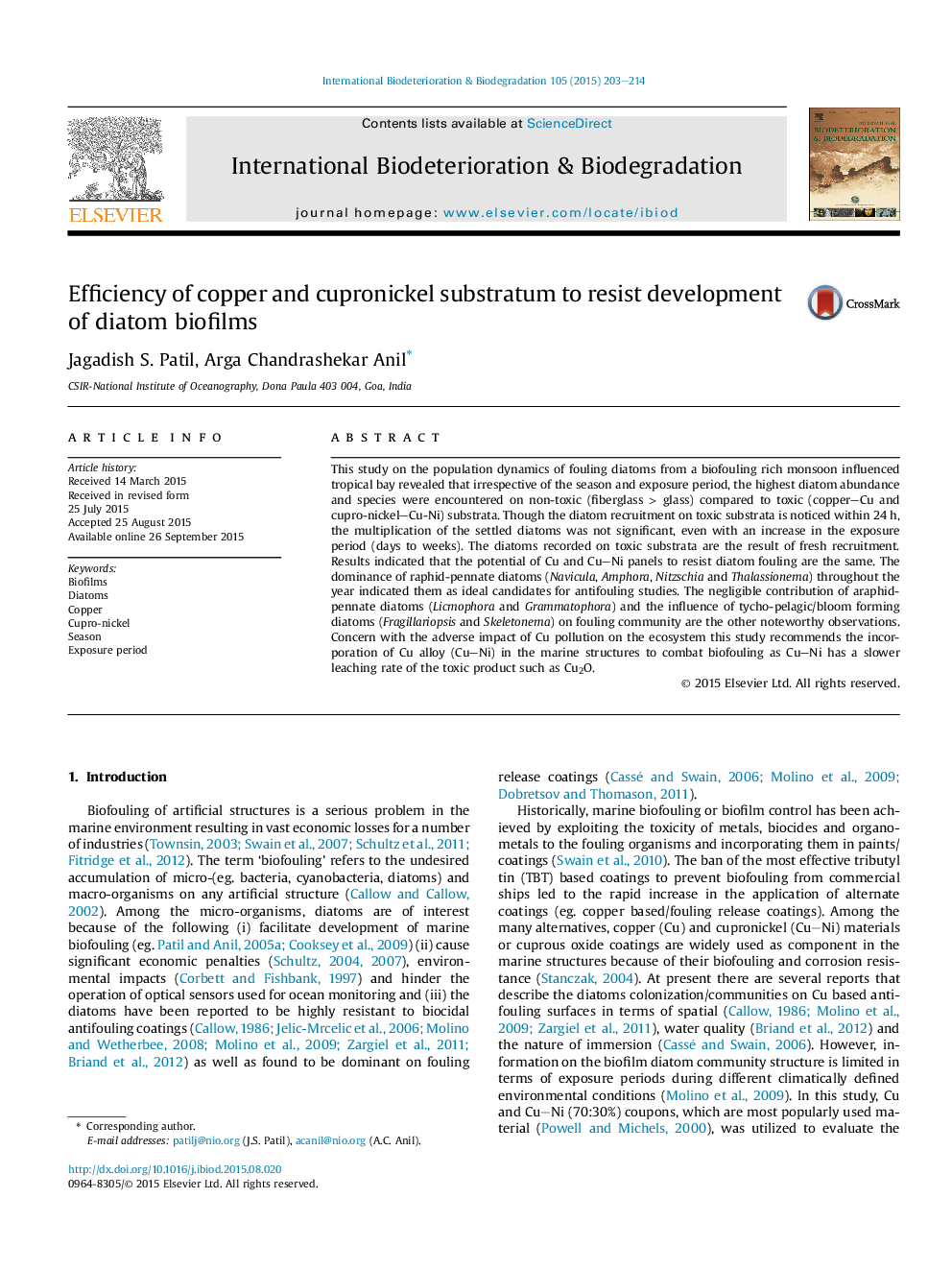 Efficiency of copper and cupronickel substratum to resist development of diatom biofilms