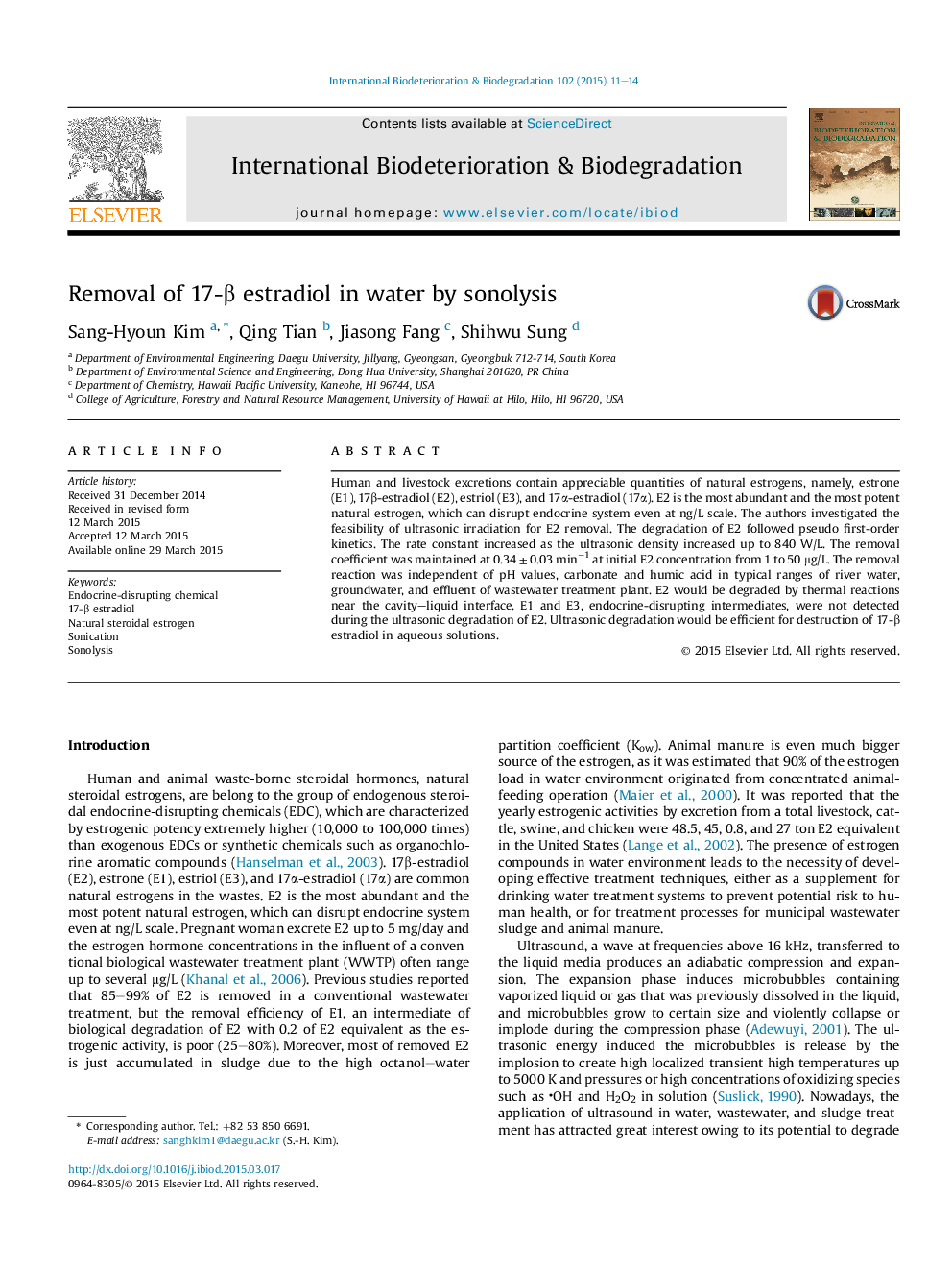 Removal of 17-β estradiol in water by sonolysis