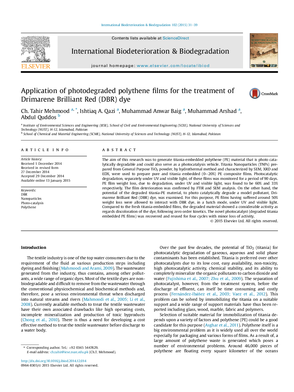 Application of photodegraded polythene films for the treatment of Drimarene Brilliant Red (DBR) dye