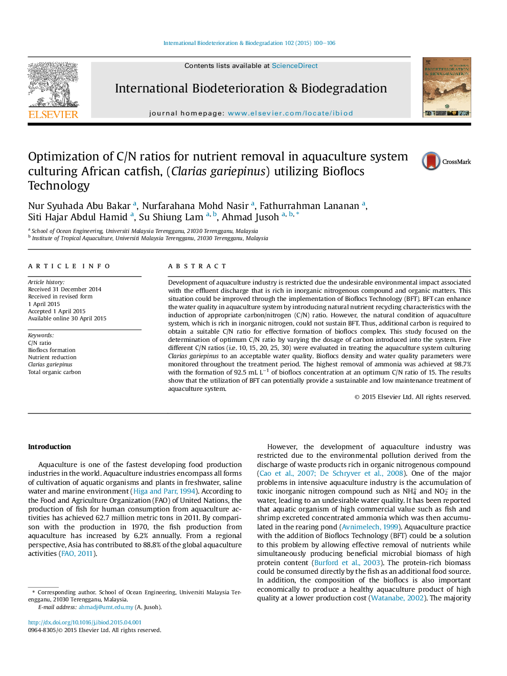 عکس صفحه اول مقاله: Optimization of C/N ratios for nutrient removal in aquaculture system culturing African catfish, (Clarias gariepinus) utilizing Bioflocs Technology Optimization of C/N ratios for nutrient removal in aquaculture system culturing African catfish, (Clarias gariepinus) utilizing Bioflocs Technology
