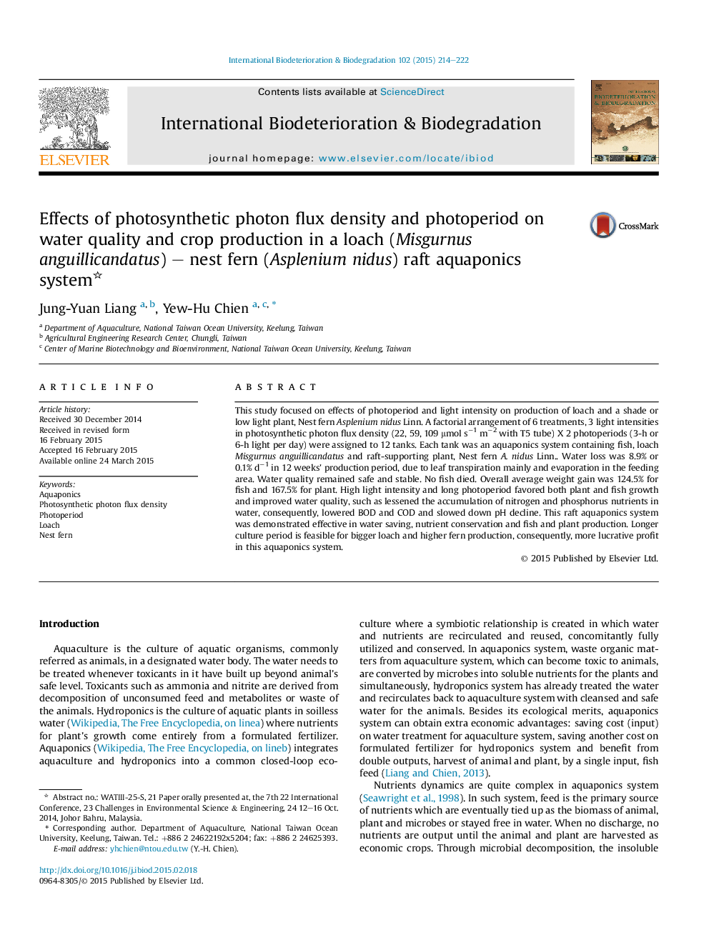 Effects of photosynthetic photon flux density and photoperiod on water quality and crop production in a loach (Misgurnus anguillicandatus) - nest fern (Asplenium nidus) raft aquaponics system