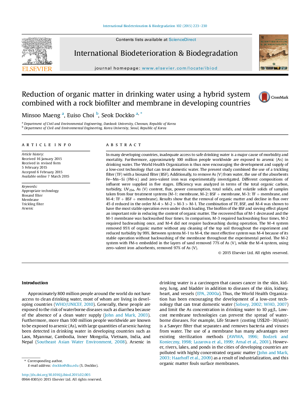 Reduction of organic matter in drinking water using a hybrid system combined with a rock biofilter and membrane in developing countries