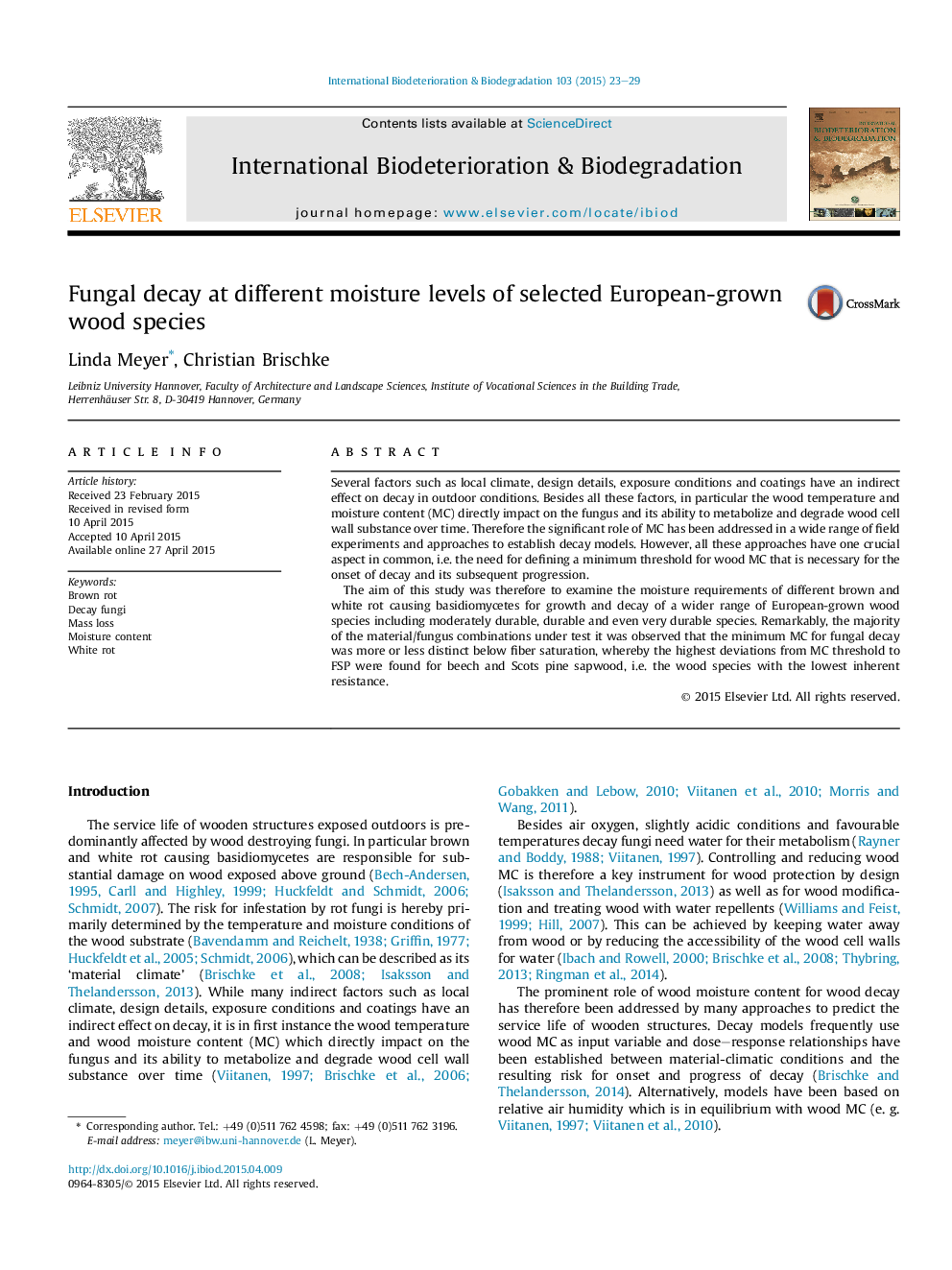 Fungal decay at different moisture levels of selected European-grown wood species