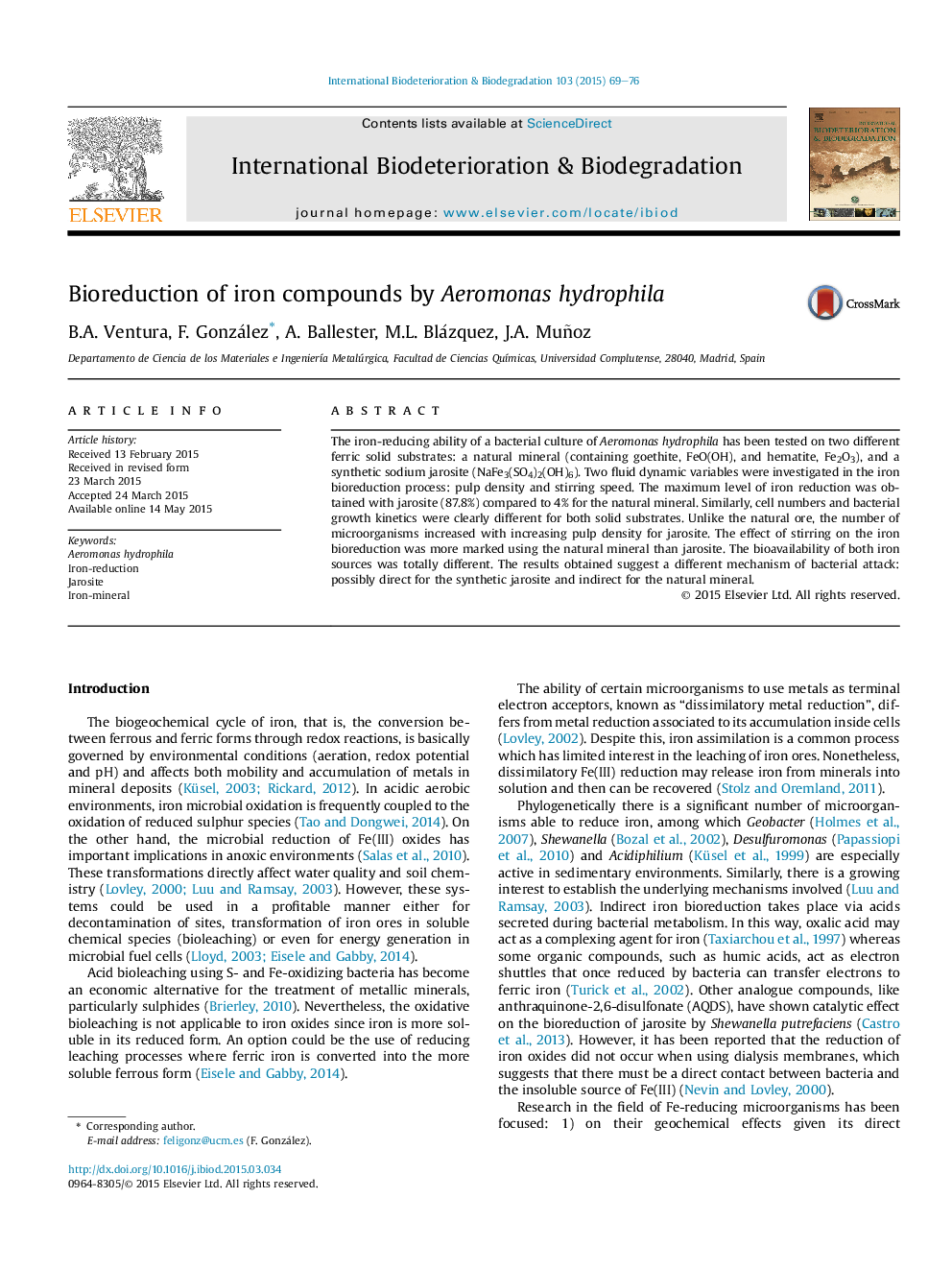 Bioreduction of iron compounds by Aeromonas hydrophila