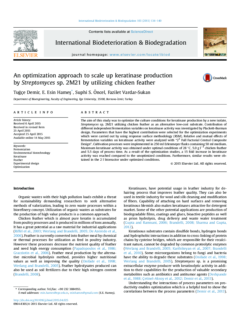 An optimization approach to scale up keratinase production by Streptomyces sp. 2M21 by utilizing chicken feather