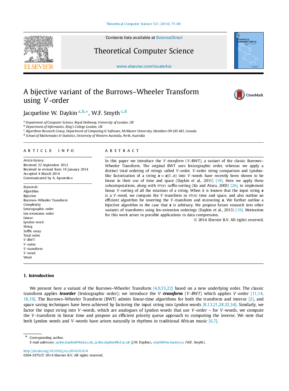 A bijective variant of the Burrows–Wheeler Transform using V-order