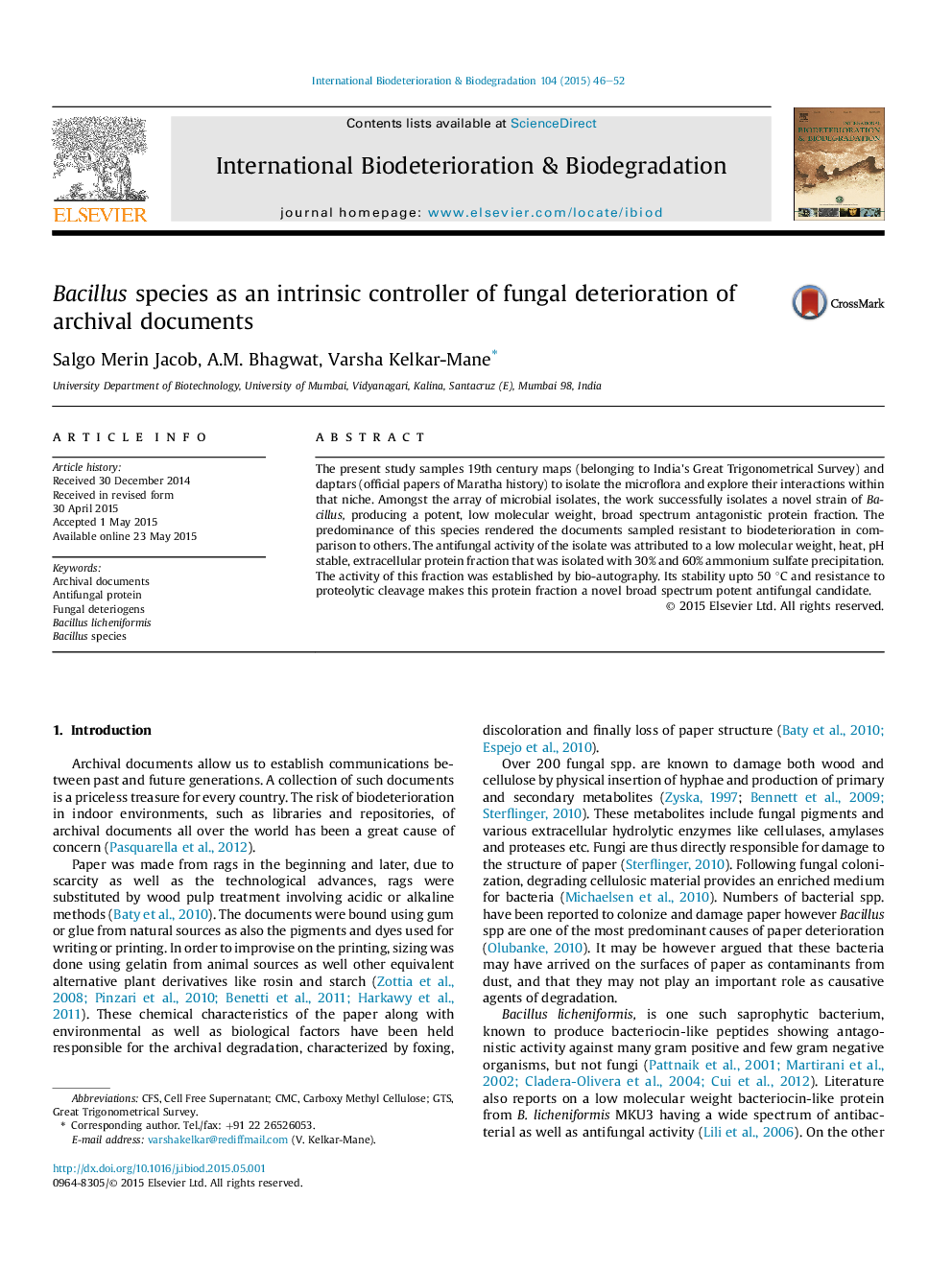 Bacillus species as an intrinsic controller of fungal deterioration of archival documents