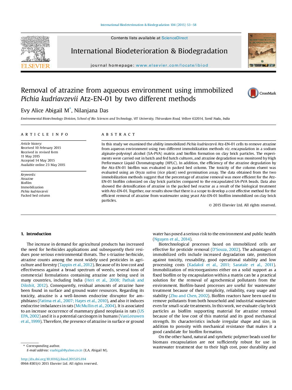 Removal of atrazine from aqueous environment using immobilized Pichia kudriavzevii Atz-EN-01 by two different methods