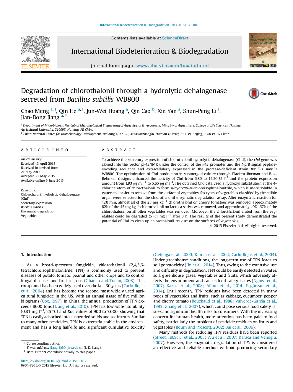 Degradation of chlorothalonil through a hydrolytic dehalogenase secreted from Bacillus subtilis WB800