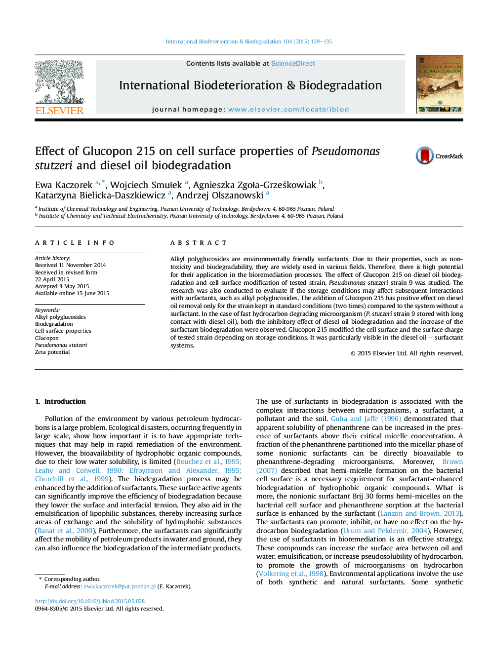 Effect of Glucopon 215 on cell surface properties of Pseudomonas stutzeri and diesel oil biodegradation