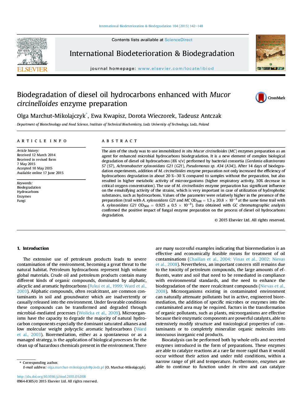 Biodegradation of diesel oil hydrocarbons enhanced with Mucor circinelloides enzyme preparation