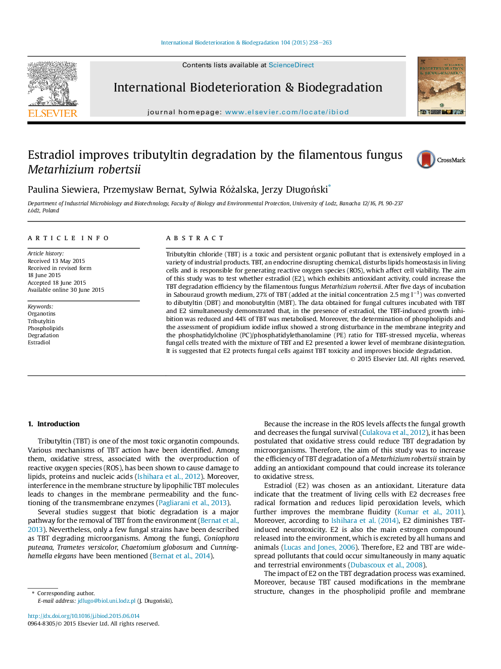 Estradiol improves tributyltin degradation by the filamentous fungus Metarhizium robertsii