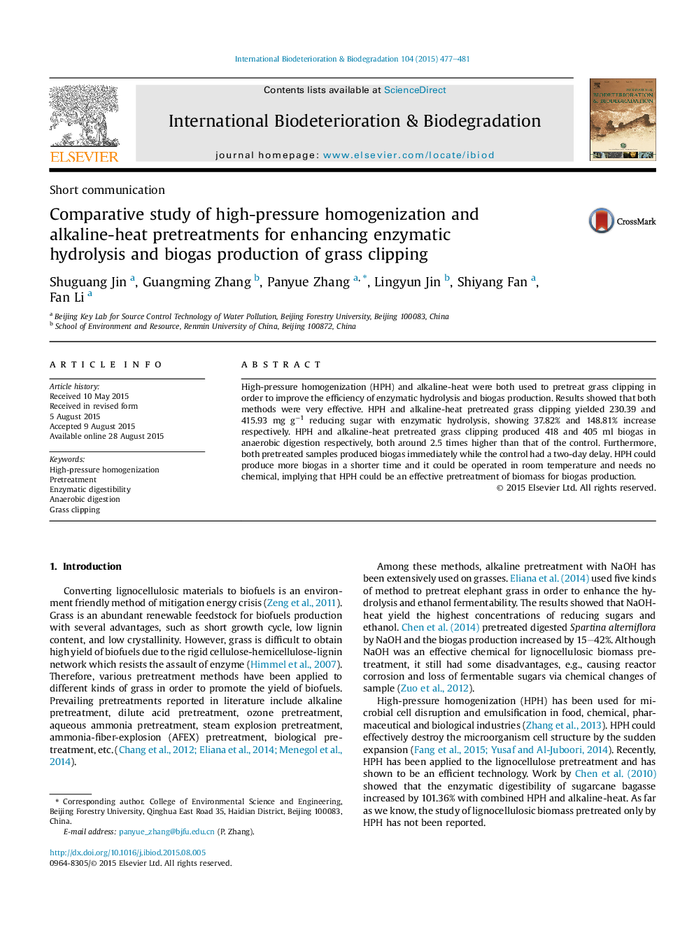 Comparative study of high-pressure homogenization and alkaline-heat pretreatments for enhancing enzymatic hydrolysis and biogas production of grass clipping