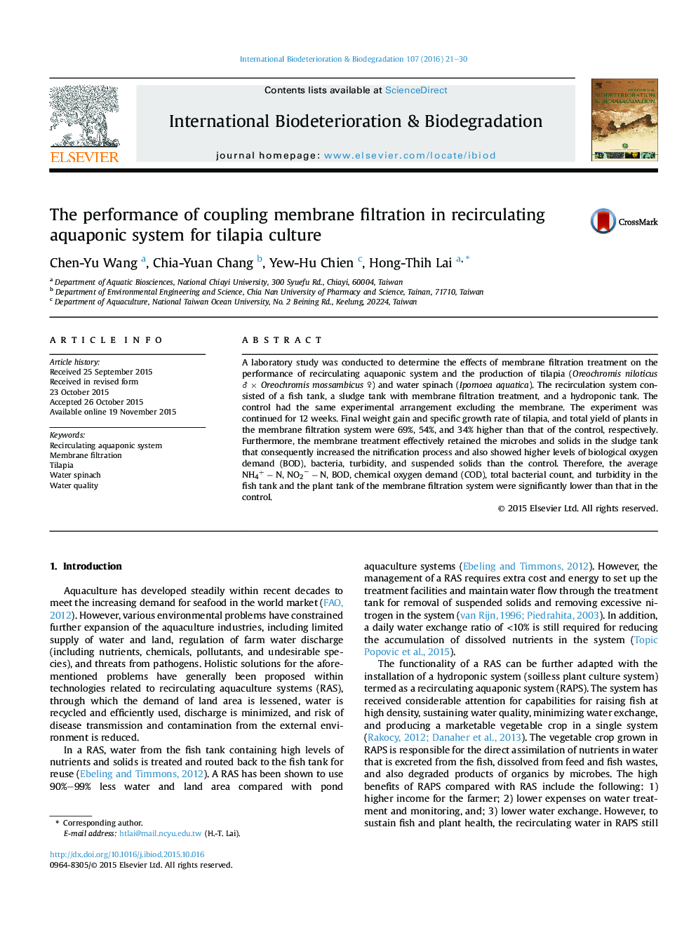 The performance of coupling membrane filtration in recirculating aquaponic system for tilapia culture