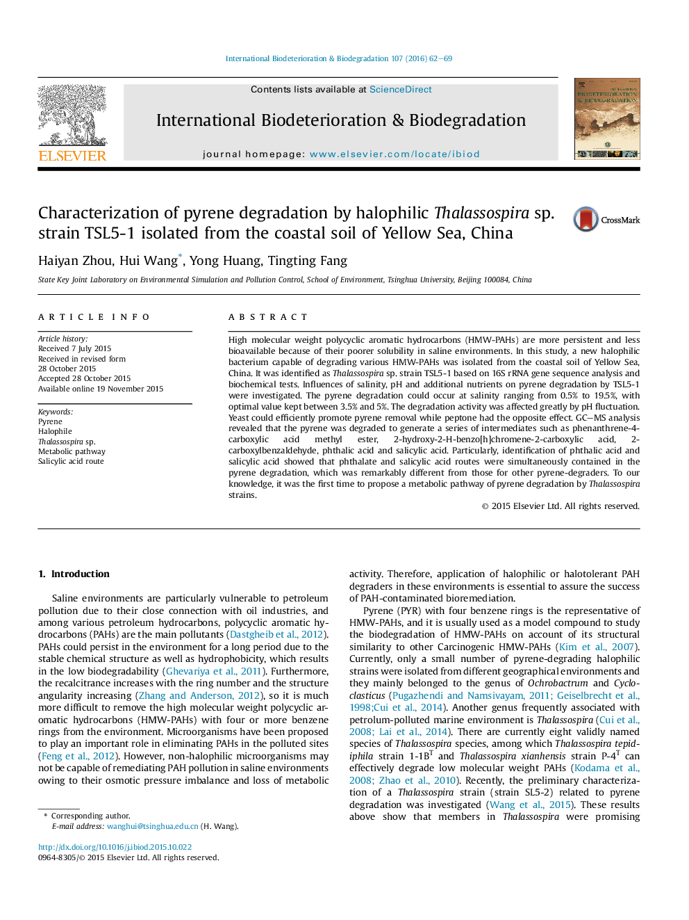 Characterization of pyrene degradation by halophilic Thalassospira sp. strain TSL5-1 isolated from the coastal soil of Yellow Sea, China