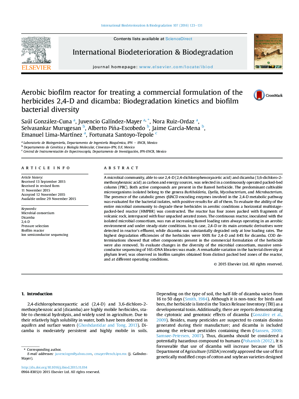 Aerobic biofilm reactor for treating a commercial formulation of the herbicides 2,4-D and dicamba: Biodegradation kinetics and biofilm bacterial diversity