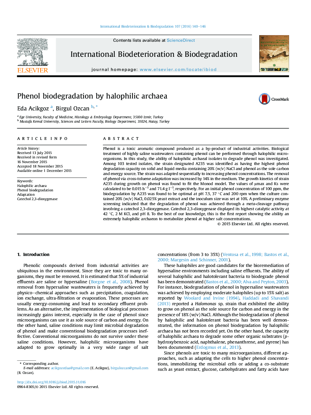 Phenol biodegradation by halophilic archaea