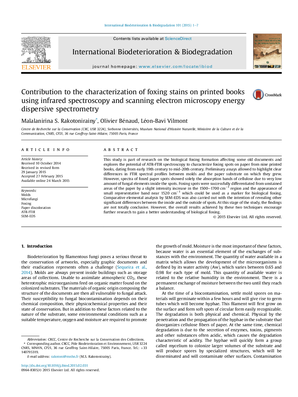 Contribution to the characterization of foxing stains on printed books using infrared spectroscopy and scanning electron microscopy energy dispersive spectrometry