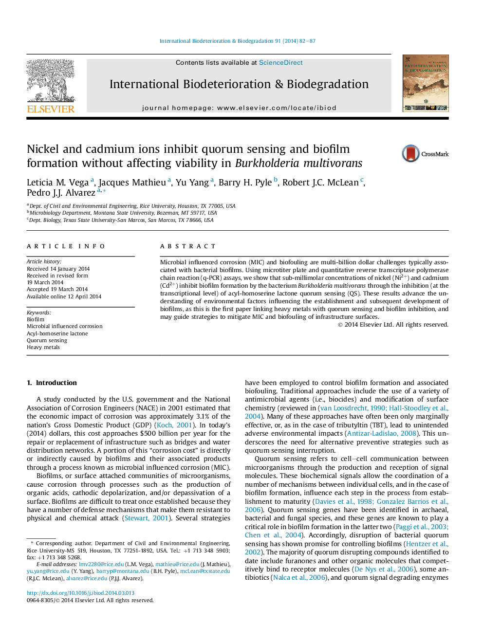 Nickel and cadmium ions inhibit quorum sensing and biofilm formation without affecting viability in Burkholderia multivorans