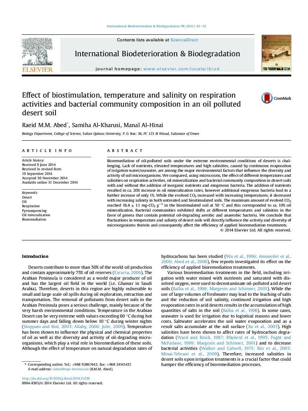 Effect of biostimulation, temperature and salinity on respiration activities and bacterial community composition in an oil polluted desert soil