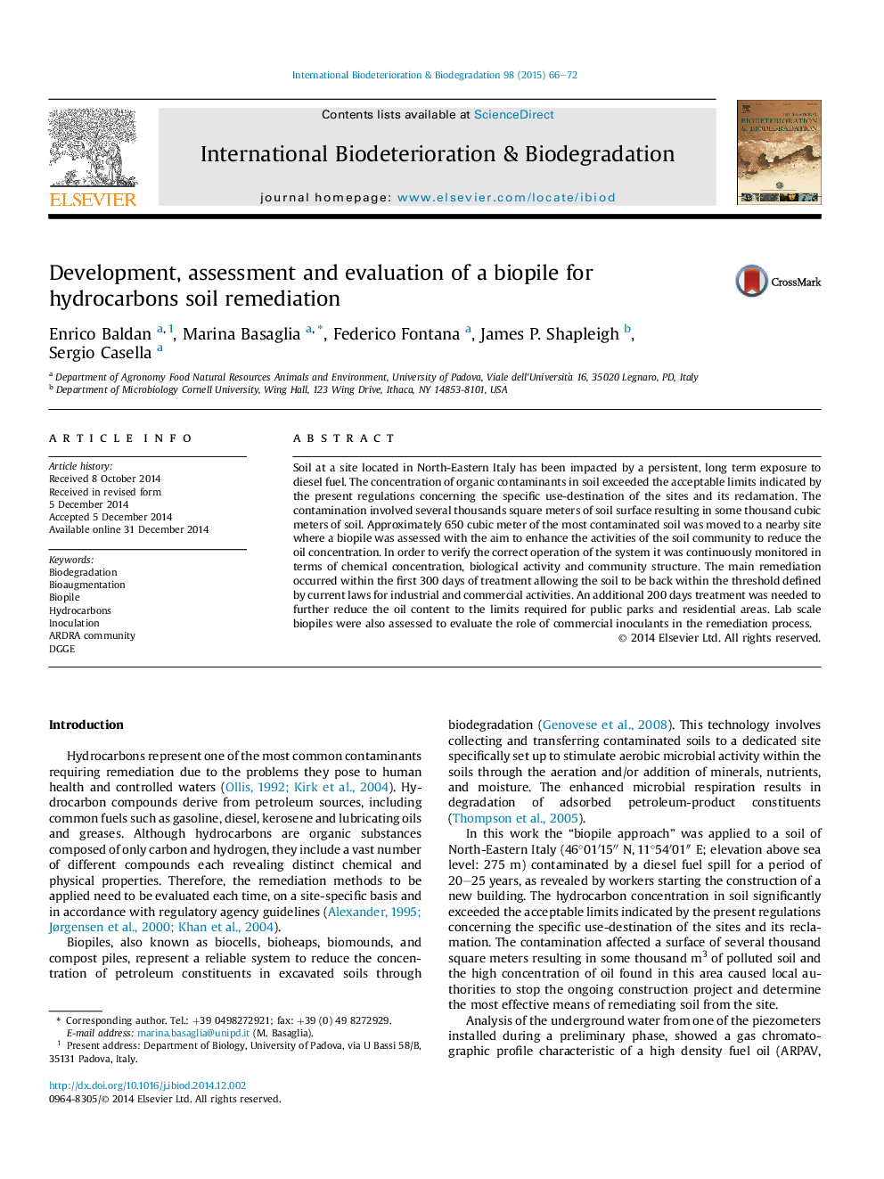 Development, assessment and evaluation of a biopile for hydrocarbons soil remediation