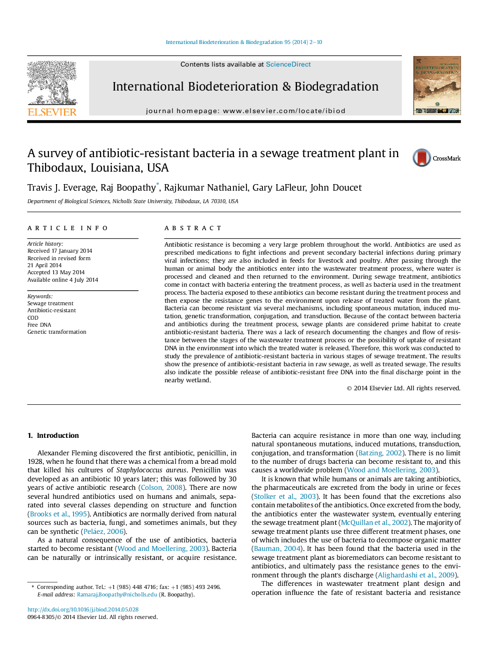 A survey of antibiotic-resistant bacteria in a sewage treatment plant in Thibodaux, Louisiana, USA