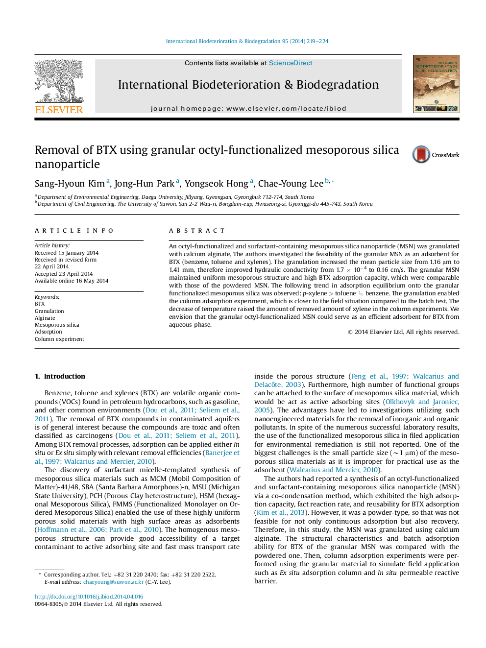 Removal of BTX using granular octyl-functionalized mesoporous silica nanoparticle