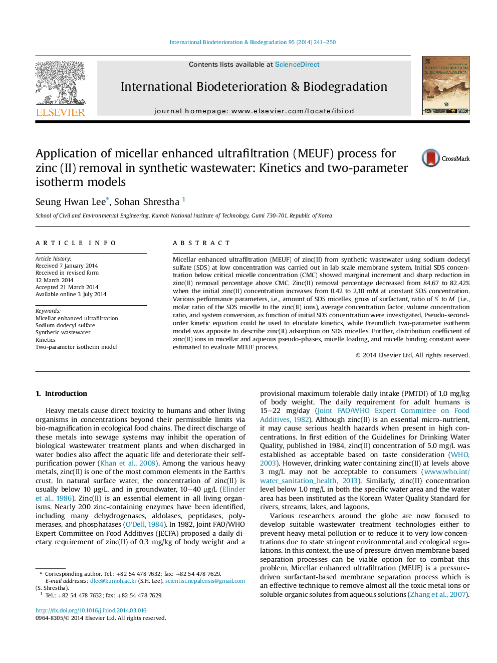 Application of micellar enhanced ultrafiltration (MEUF) process for zinc (II) removal in synthetic wastewater: Kinetics and two-parameter isotherm models