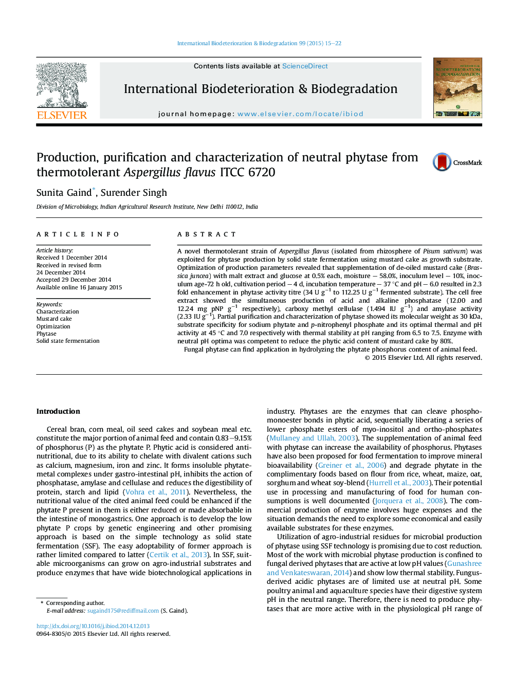 Production, purification and characterization of neutral phytase from thermotolerant Aspergillus flavus ITCC 6720