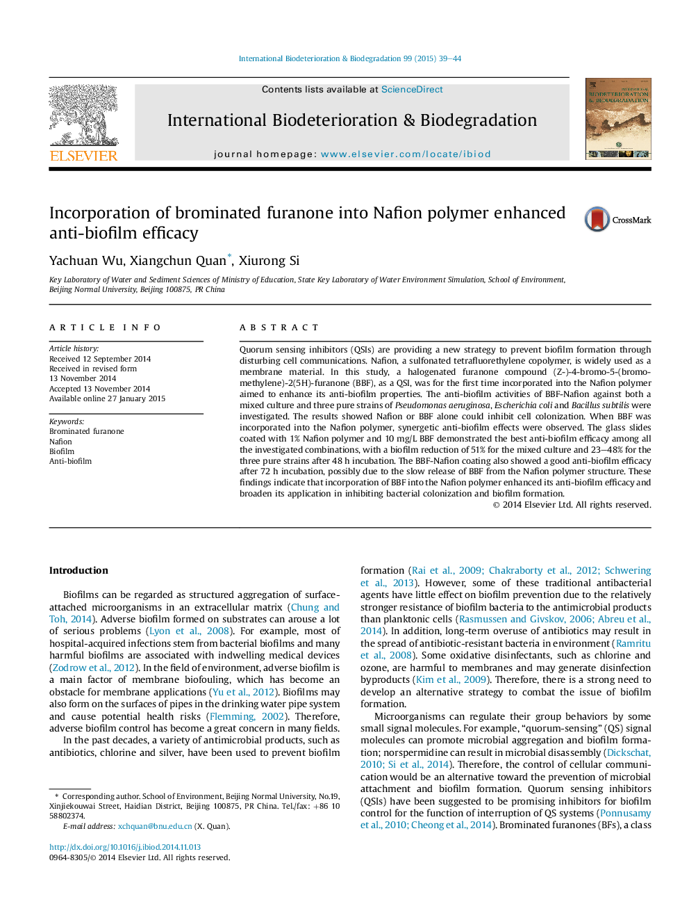 Incorporation of brominated furanone into Nafion polymer enhanced anti-biofilm efficacy