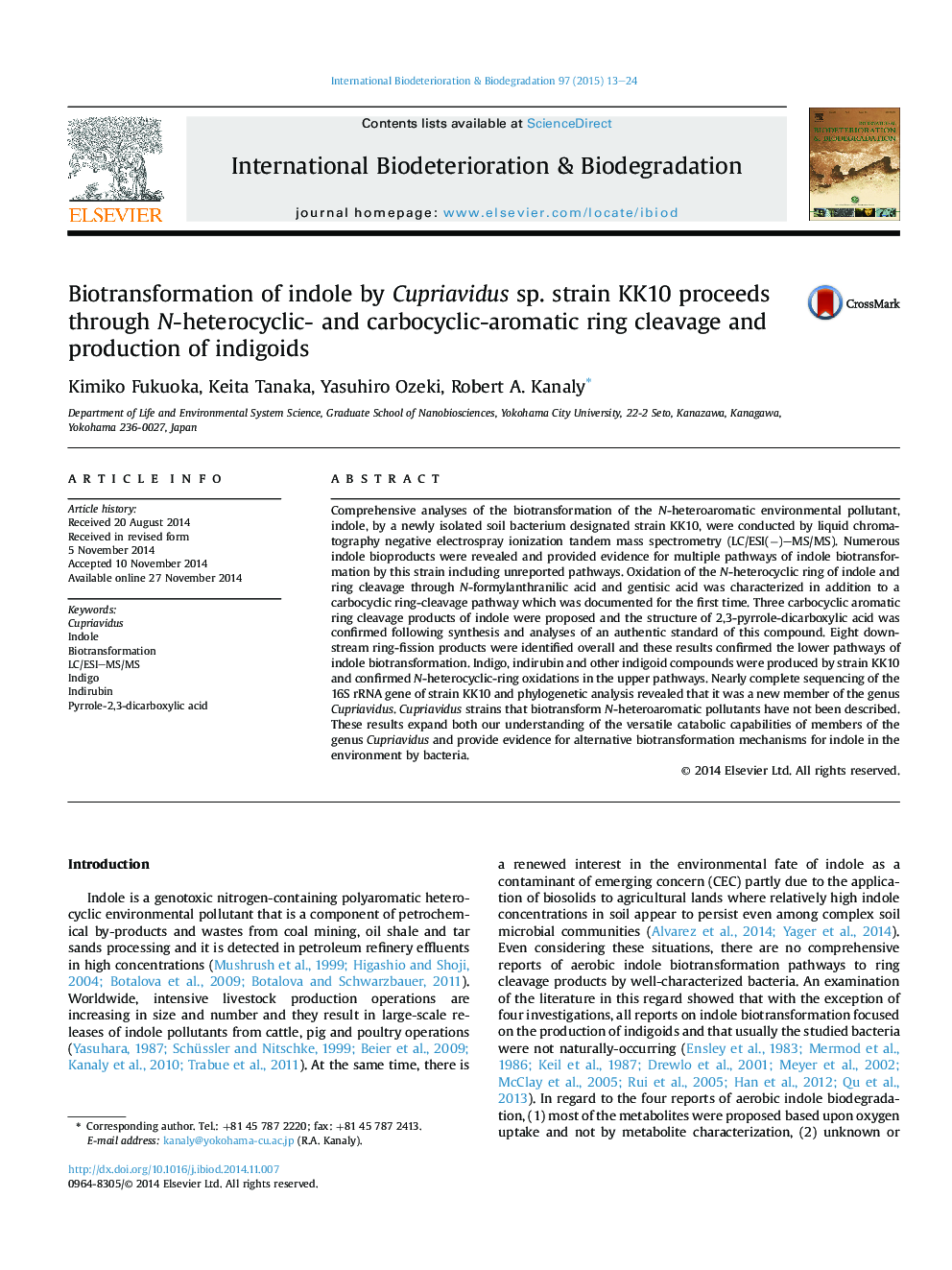 Biotransformation of indole by Cupriavidus sp. strain KK10 proceeds through N-heterocyclic- and carbocyclic-aromatic ring cleavage and production of indigoids