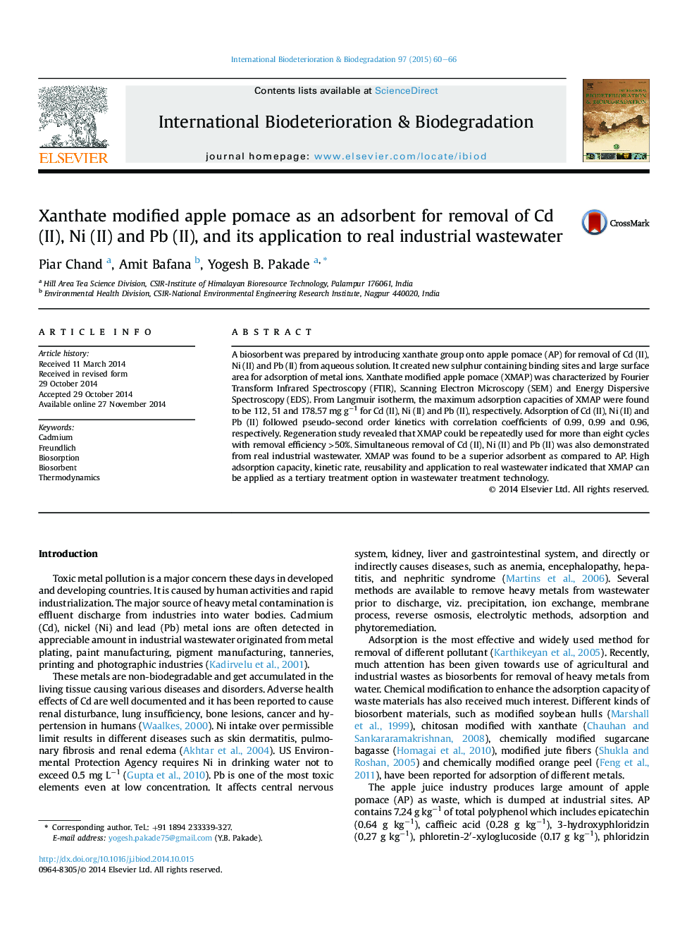 Xanthate modified apple pomace as an adsorbent for removal of Cd (II), Ni (II) and Pb (II), and its application to real industrial wastewater