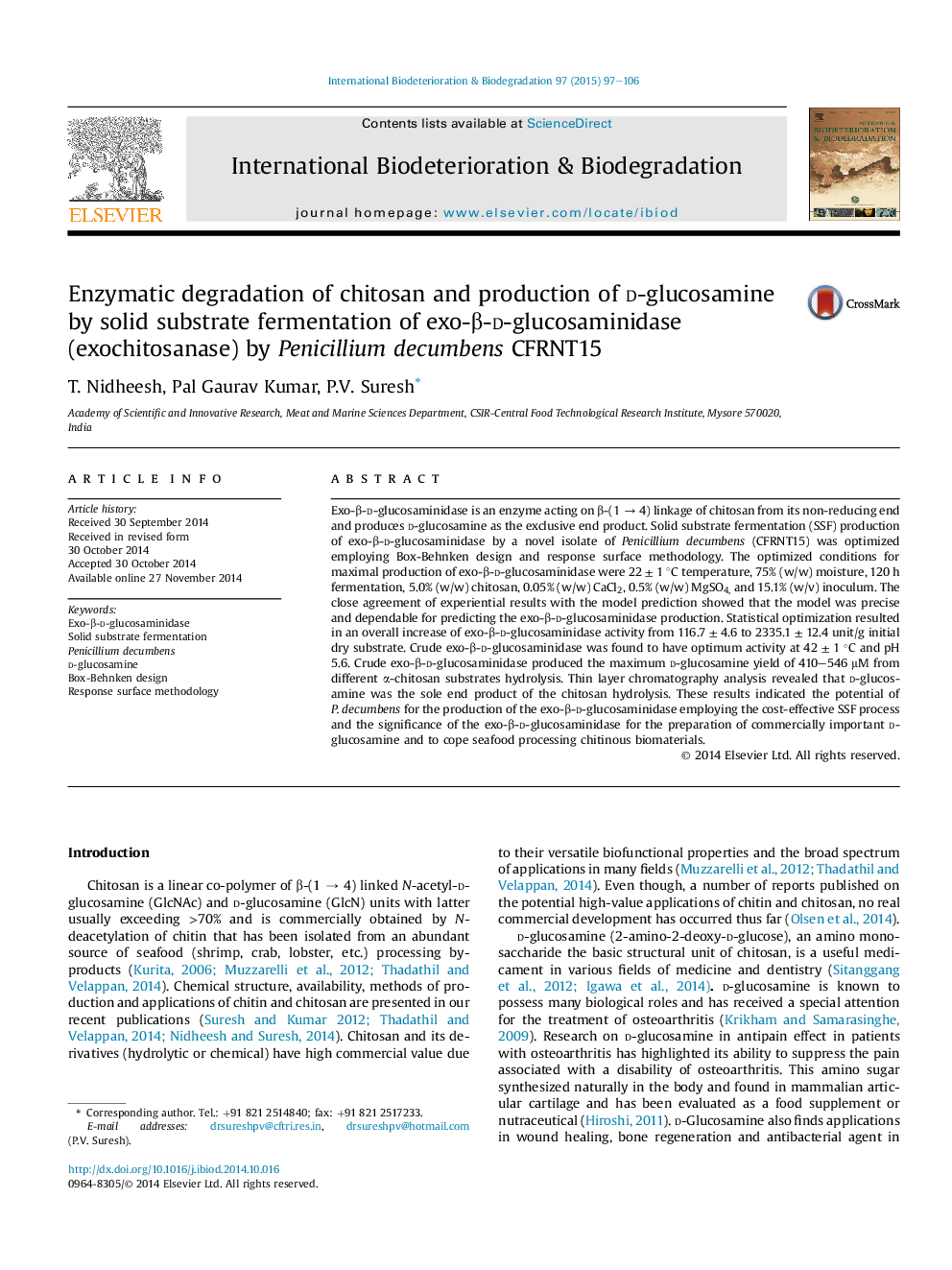 Enzymatic degradation of chitosan and production of d-glucosamine by solid substrate fermentation of exo-β-d-glucosaminidase (exochitosanase) by Penicillium decumbens CFRNT15